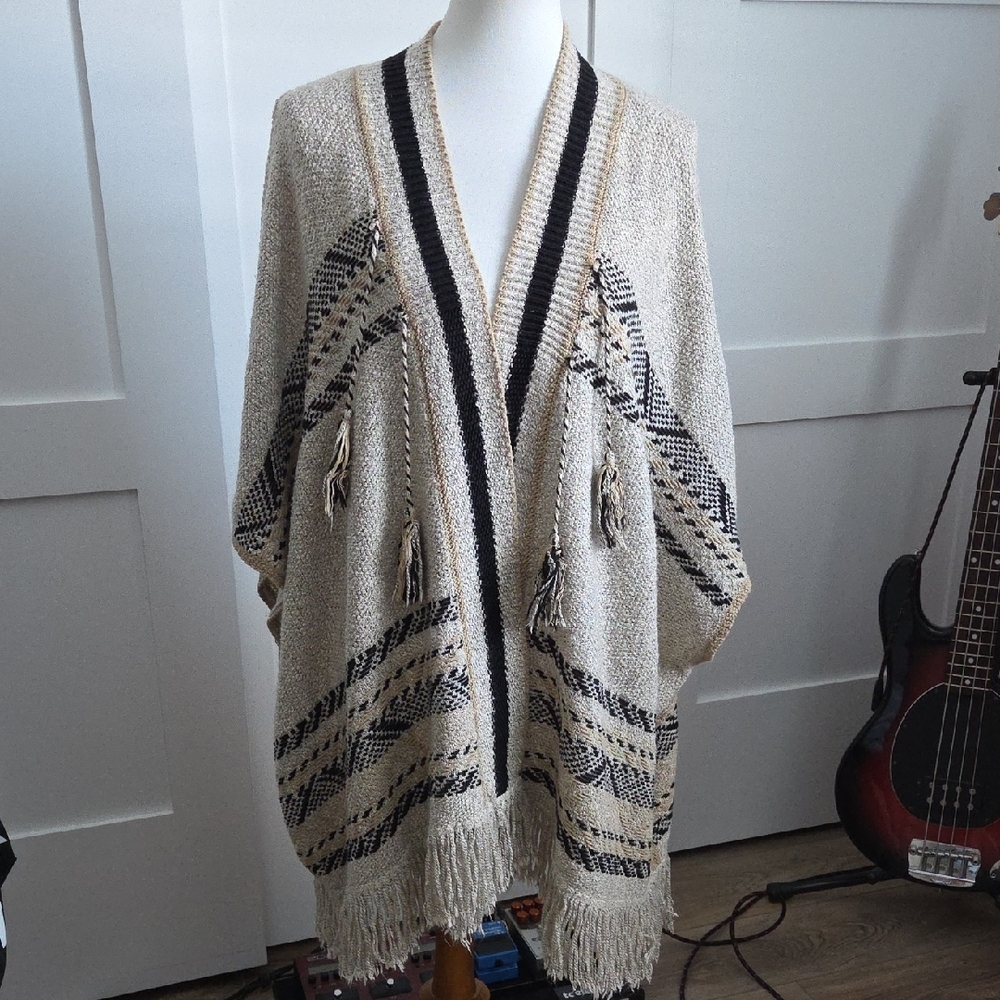 Beige and Black Knit Poncho with Fringe